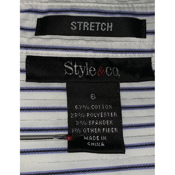 Style & Co Sz 6 White Blue Silver Striped L/S Tunic Blouse Metallic Career EUC - Picture 8 of 9